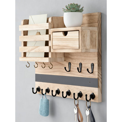 Wall Mounted Key Holder With 13 Hooks, Built-In Drawer And Blackboard, Rustic Wood Entryway Organizer For Keys, Mail, Leashes And Essentials