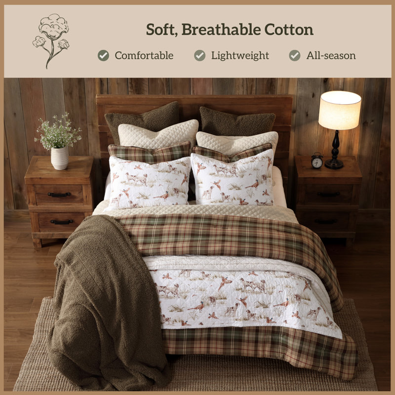 Hunt Life Pheasant Hunting Animal Print Reversible Southwestern Western Style Bedding Quilt Set, Twin & 1 Standard Sham