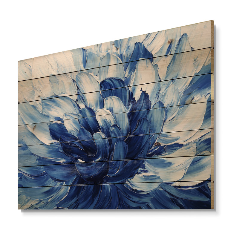 Velours bleu fleurs de cactus III - impression traditionnelle en bois bleu sur bois de pin naturel