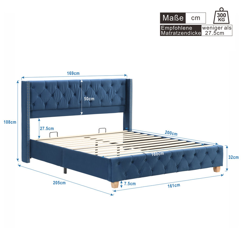 Doiron Upholstered Bed, Blue, European Kingsize (160 x 200cm)