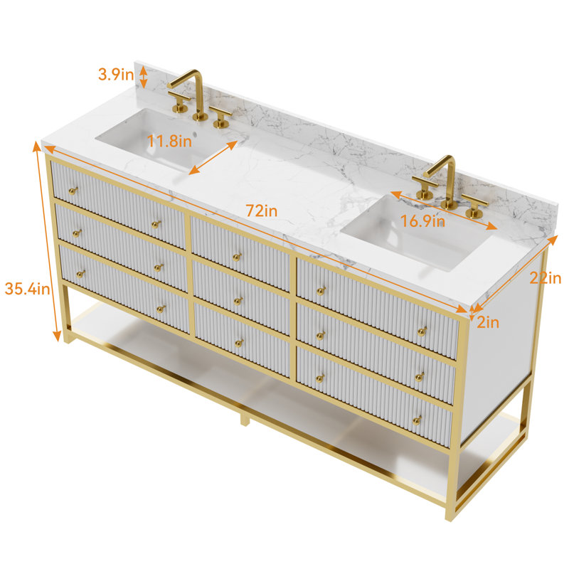 72 po X P 22 po P 35,4 po Meuble-lavabo simple H en blanc avec plateau en marbre blanc, Blanc, 72"