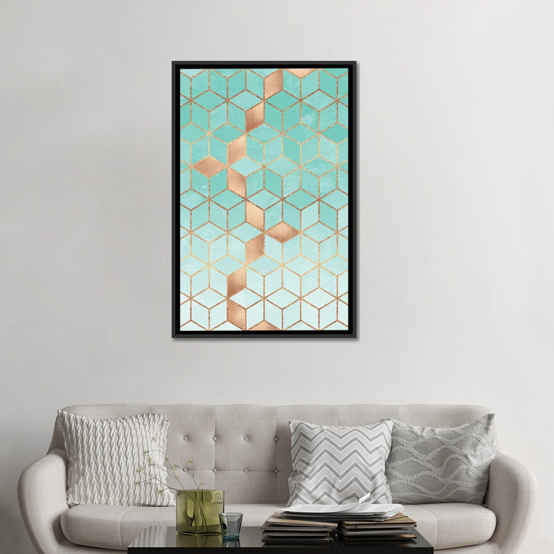 « mou gradient aquamarine », impression sur toile, H 26 po x l 18 po x P 1,5 po, Toile avec cadre noir, Pas de tapis