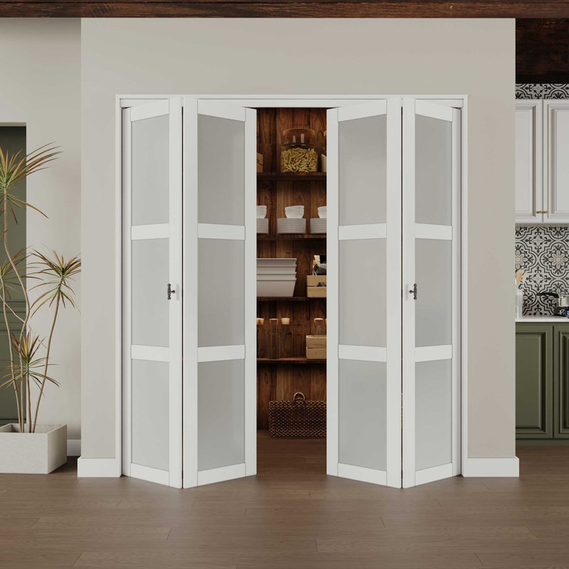 72 in. x 80 in. White MDF Bi-Fold Door with Frosted Glass Panels