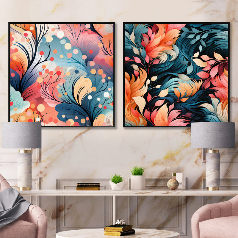 Tayla - Ensemble de 2 collages carrés botaniques abstraits, H 36 po x l 73 po, Cadre flottant noir