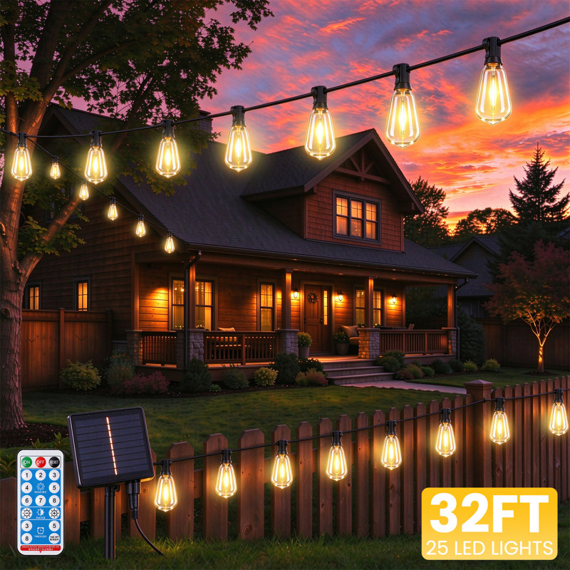 Guirlande lumineuse solaire d'extérieur de 9,75 m (32 pi), 25 ampoules DEL blanc chaud avec télécommande, 8 modes d'éclairage, résistante aux intempéries, idéale pour la décoration de terrasse, de jardin, de mariage, de Noël et de fêtes.
