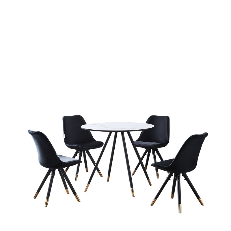 Pala 4 Person Dining set - a Round Wooden Dining Table with Metal Legs and a Set of 4 Quilted Velvet Dining Chairs for Dining Room - Modern Dining Table Set