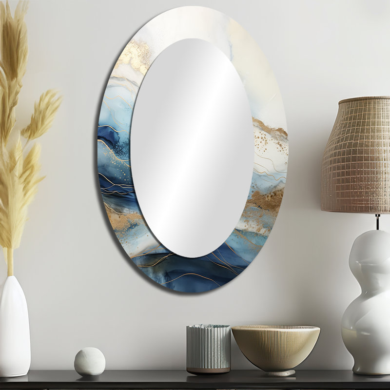 Blanc et bleu Goldern Abstract River - Miroir mural traditionnel ovale, H 36 po x l 24 po