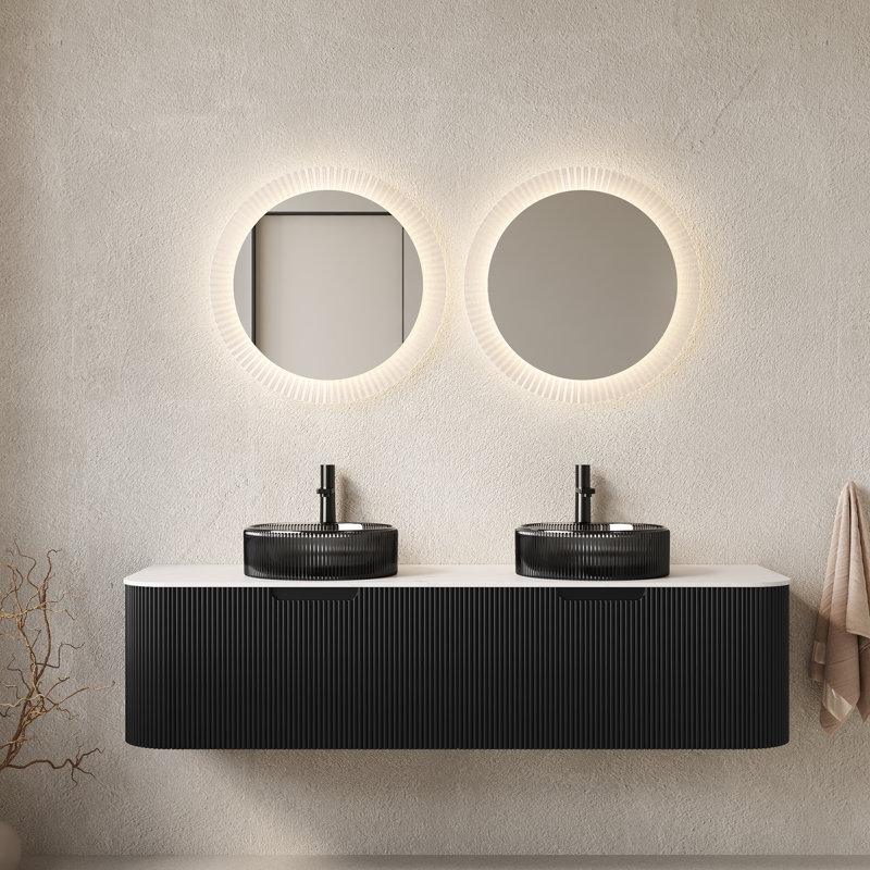 Meuble-lavabo mural moderne noir et lavabos en verre, conception peu encombrante