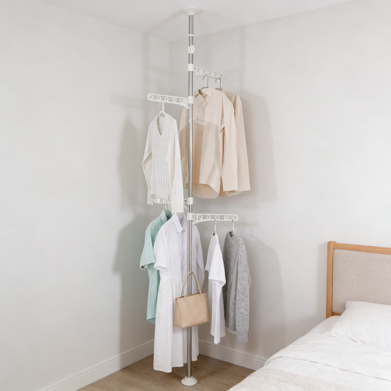 Corner Clothes Drying Rack With 4 Arms And Hook, Telescopic Floor To Ceiling Tension Pole For Space-Saving Laundry And Clothing Storage