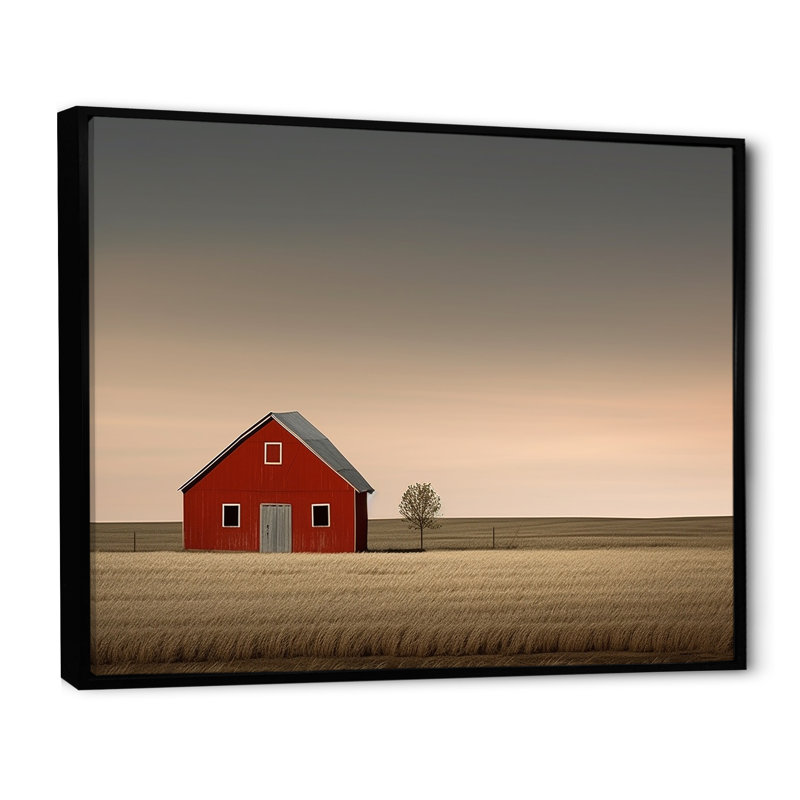 «Red Barn Minimalisme Country Charm», reproduction d'art mural grange_106675, Cadre flottant noir, H 12 po x l 20 po x P 1 po