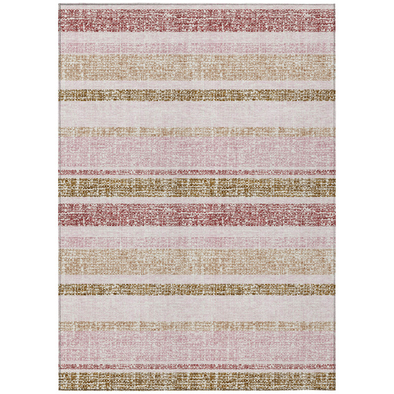 3' X 5' Pink And Beige Striped Washable Indoor Outdoor Area Rug, Rectangle 3' X 5'