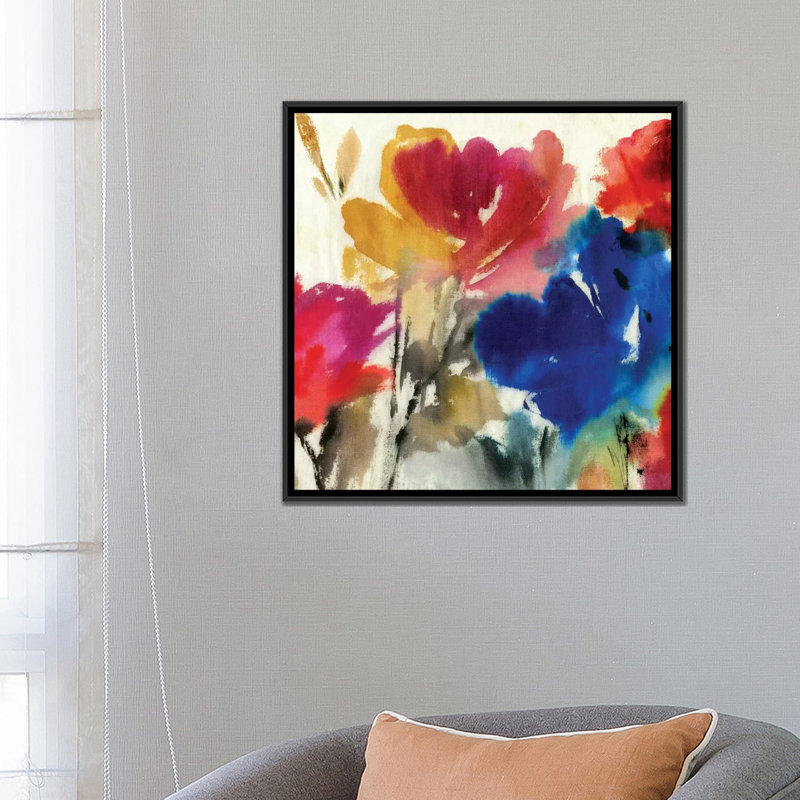 «Watercolor Florals I», reproduction sur toile, H 18 po x l 18 po x P 1,5 po, Toile avec cadre noir, Pas de tapis