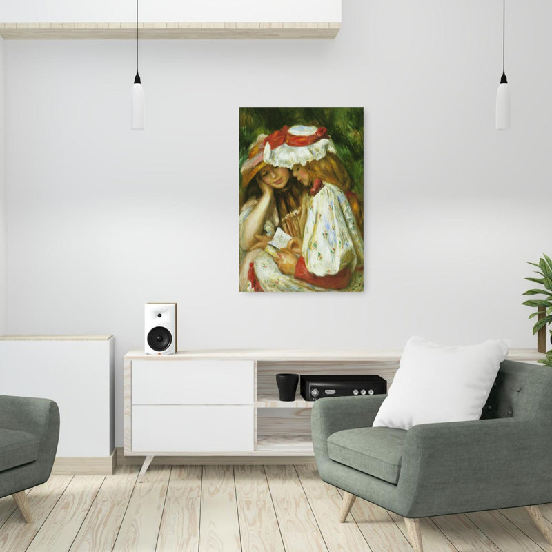 Deux filles lisant un classique de printemps contemporain, impression d'art mural, H 36 po x l 24 po