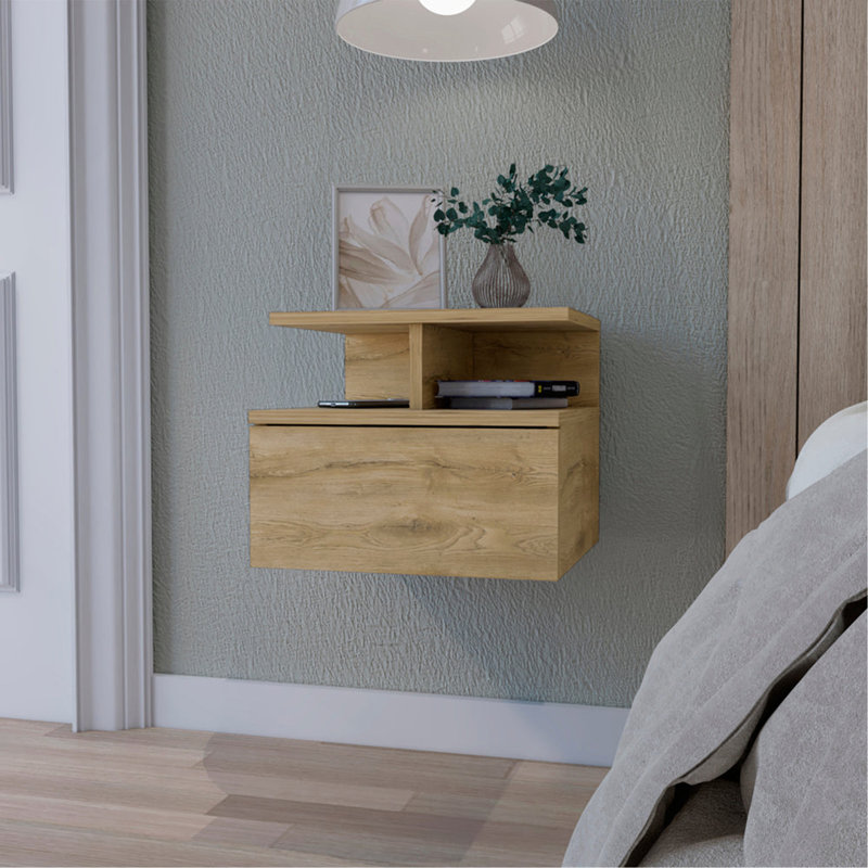 Table de chevet flottante Augusta avec tablette à 2 niveaux et 1 tiroir, Beige