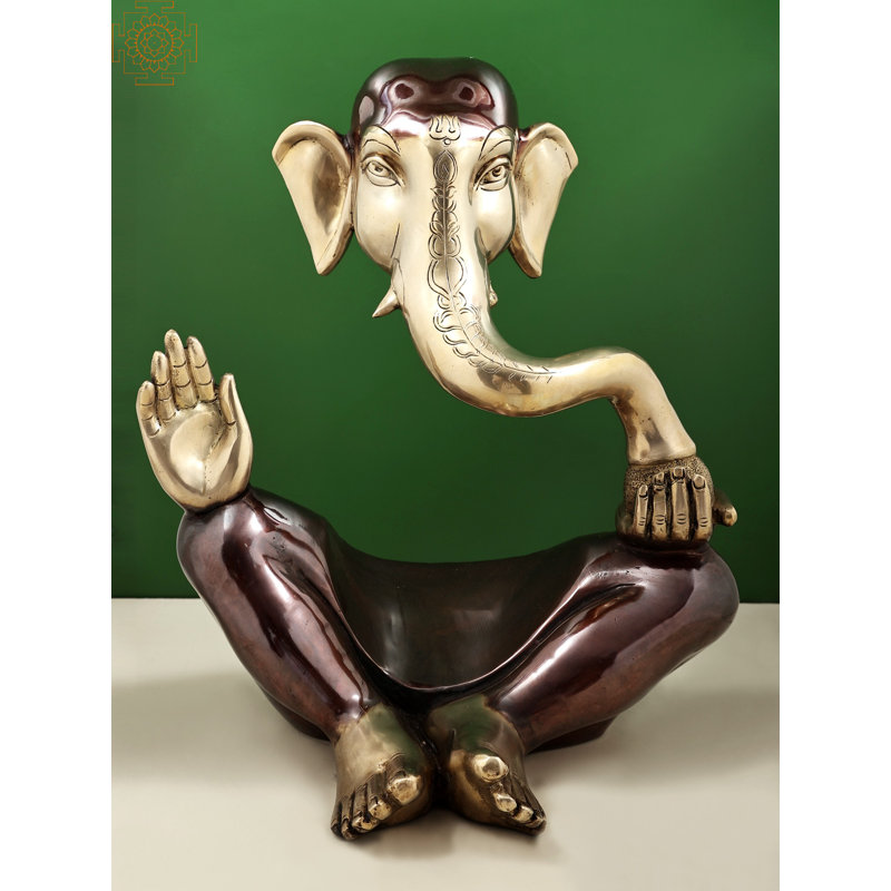 17" Stylized Brass Ganesha Statue – Handcrafted Hindu Deity Sculpture for Home Temple, Altar, or Modern Décor