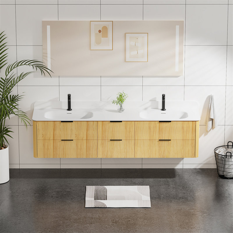 Meuble-lavabo cannelé de 84 po avec lavabo intégré et beaucoup de rangement pour les salles de bain modernes