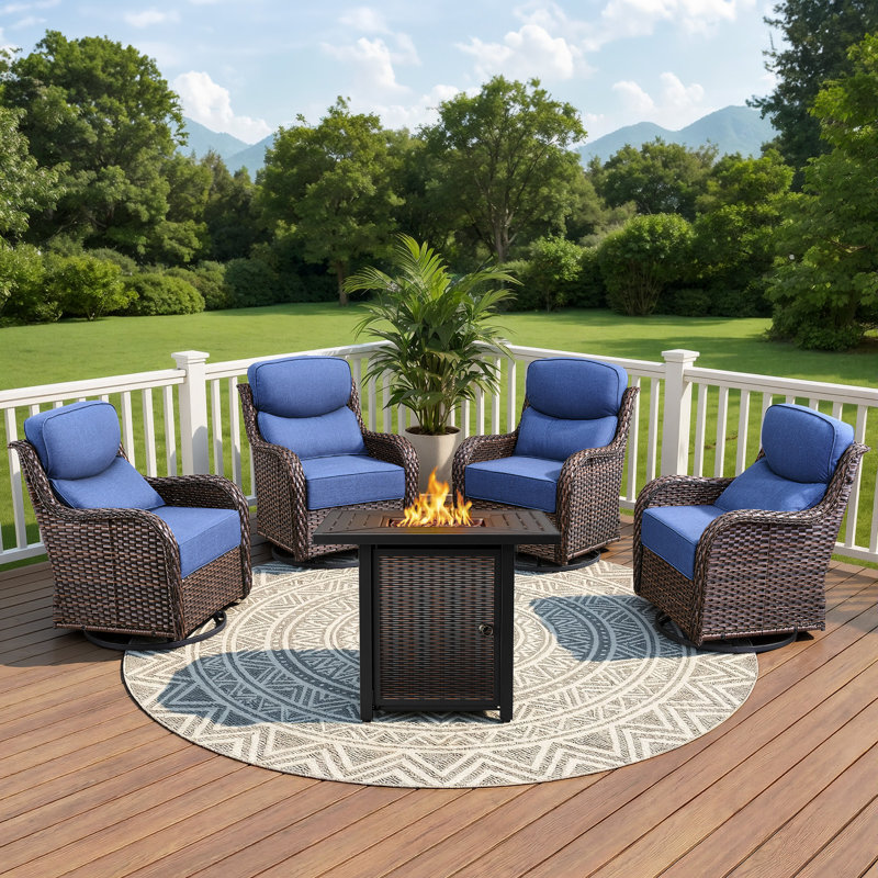 4 - Person Patio Furniture Chair Set With Fire Pit Table, 4 Swivel Glider Chairs With 6-Inch Cushions, Blue, Brown