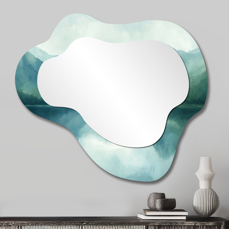 «Mountain Lake Silent Reflections I - Landscape Mountains», miroir asymétrique irrégulier, miroir mural traditionnel, imprimé sur métal