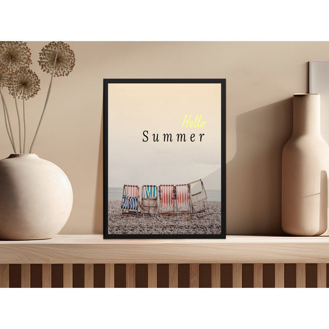 Hello Summer Beach Chairs Scenic Landscape Framed Poster