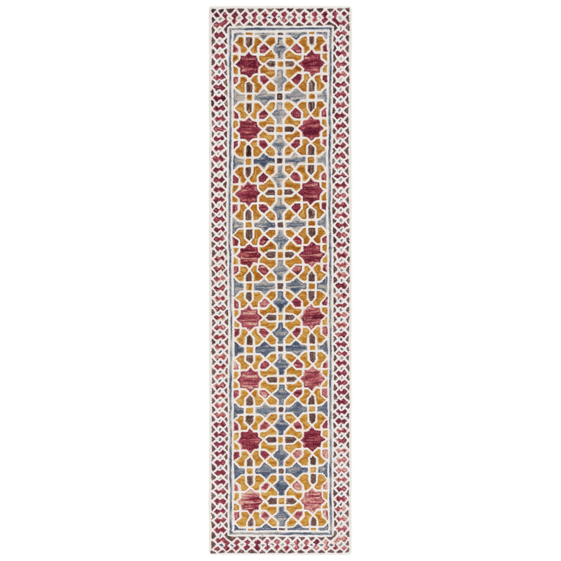 Tapis rouge / jaune en laine / coton touffeté à la main Bobbi-Jane, Tapis de couloir 2 pi 3 po x 9 pi
