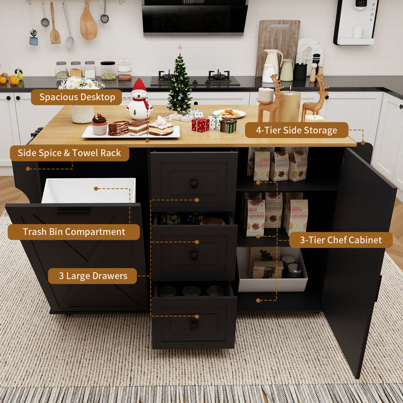 Rolling Kitchen Island With Drop Leaf, Trash Can Cabinet, Drawers And Storage, Black, Black