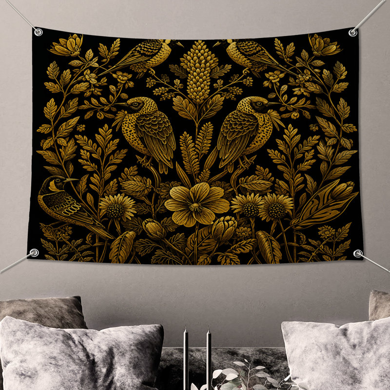 Tapisserie murale Golden Birds Botanical - Décoration murale oiseaux, H 68 po x l 80 po avec 4 œillets