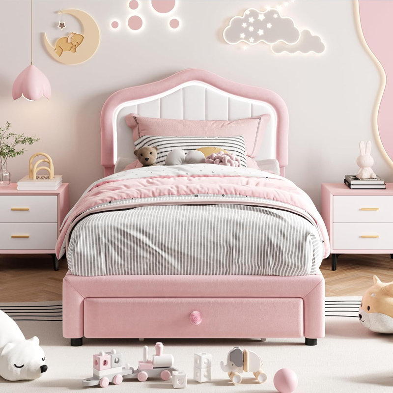Bed for Girls with LED Headboard & Storage Drawer,Upholstered Full Size LED Bed Frame with Storage Drawer,Kids and Youth Princess Platform Bed, Upholstered Velvet, Easy Assembly