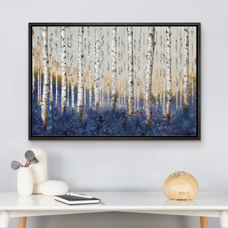 "Bouleau blanc avec forêt bleue, illustrations de nature sauvage et paysages rustiques" sur toile, Cadre noir