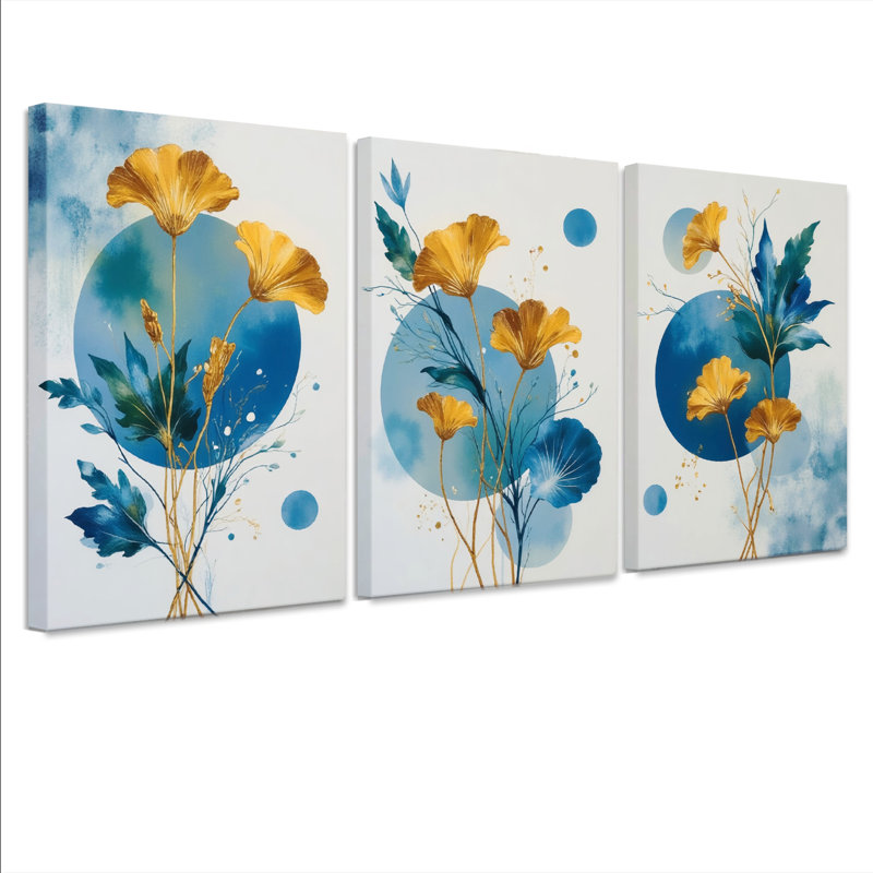 Toile murale imprimée « Coquelicot doré et fleurs abstraites bleues » (lot de 3), H 24 po x l 48 po