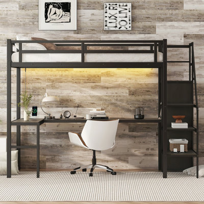 Lit mezzanine avec bureau en forme de L et port USB, lit mezzanine en métal avec garde-robe et tablette réglable, lit mezzanine haut avec DEL pour enfants, adolescents, adultes