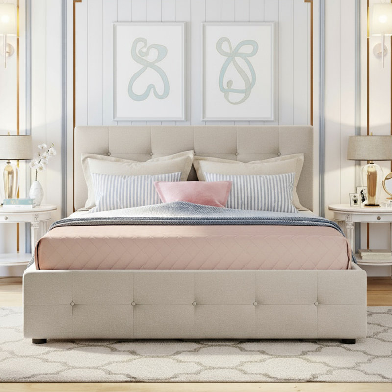 Queen Bed Frame With 2 Drawers And 1 Twin Trundle, Linen Upholstered Platform Bed With Button Tufted Headboard And Wood Slats Support, No Box Spring Needed,beige