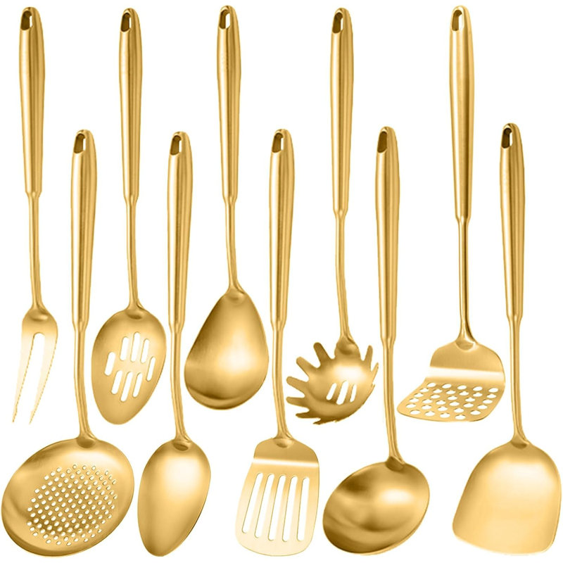 10-Piece Stainless Steel Kitchen Utensil Set - Masher, Spoons, Fork, Spatulas, Ladle - Gold