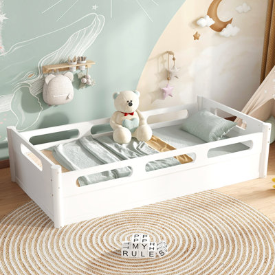 Lit plateforme simple avec garde-corps pleine longueur, base de lit simple à profil bas, aucun sommier tapissier requis, blanc