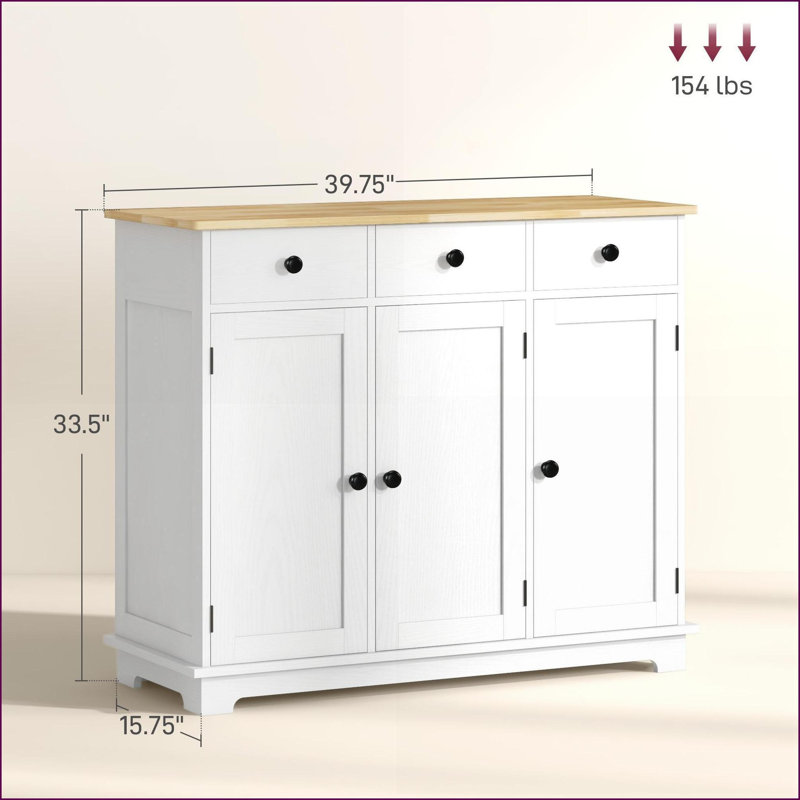 Sideboards | HOMCOM Modern Distressed White Sideboard with Solid Wood Top, 3 Drawers | Solid Rubber Wood Countertop | Engineered Wood Frame