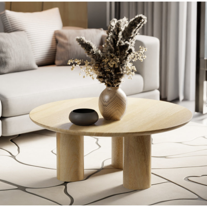 Table basse ronde moderne en bois massif de 36 pouces - naturel ou noyer, table basse en bois pour le salon, assemblage facile
