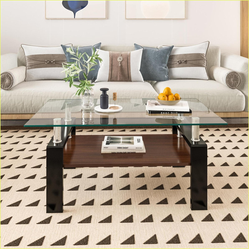 Table basse en verre trempé avec tablette en panneau de fibres à densité moyenne pour le salon, facile à nettoyer et amp; Capacité de charge de 220 lb