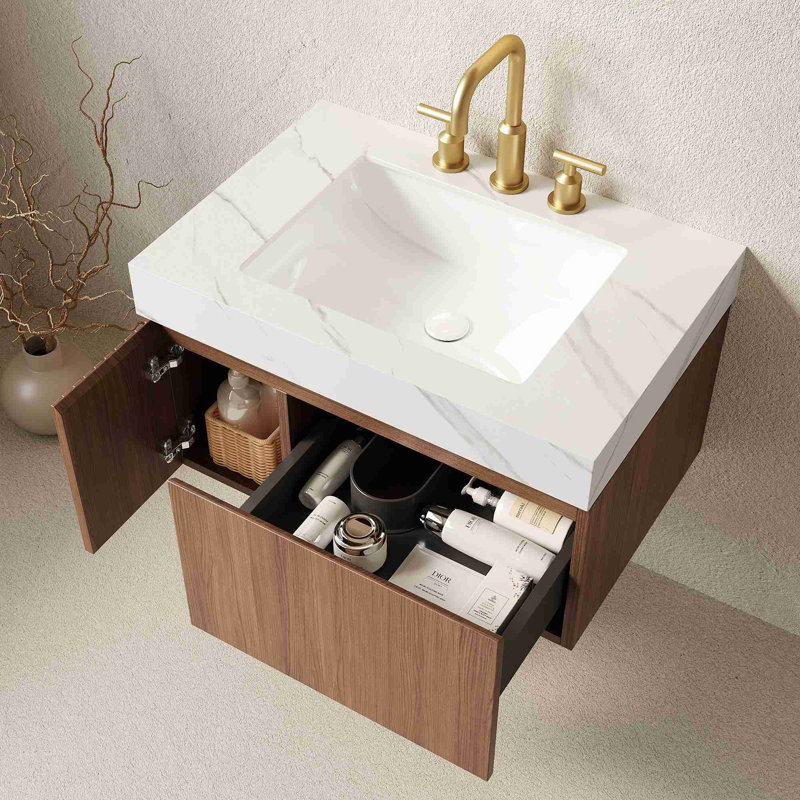 Meuble-lavabo mural, Chêne brun, 30", Blanc de Carrare