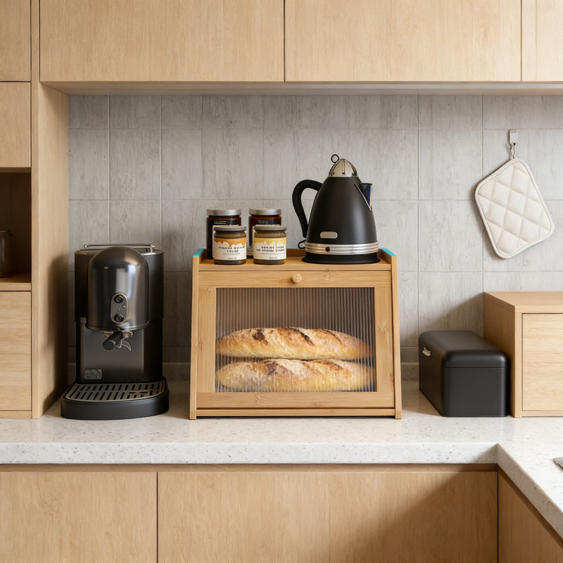 Grande boîte à pain en bambou avec porte en acrylique ondulée, récipient de rangement pour comptoir de cuisine de style campagnard pour le pain et les produits de boulangerie