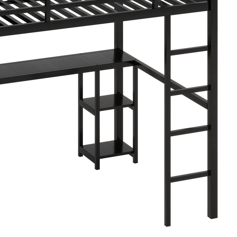 Structure de lit mezzanine en métal avec garde-robe intégrée, bureau et tablettes de rangement, Noir, noir, noir, noir