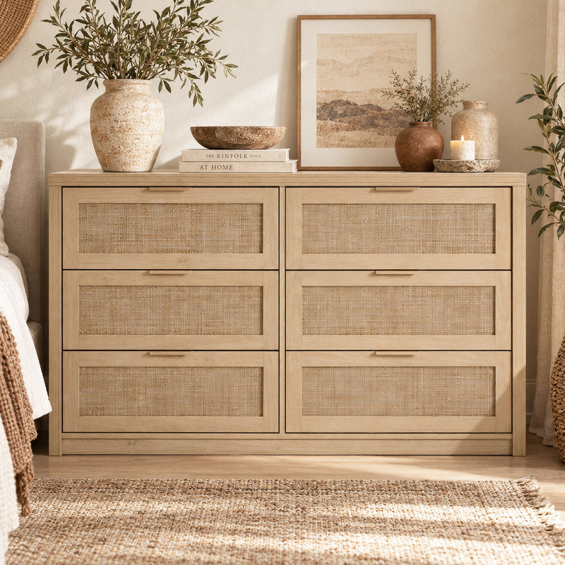 Arianna 52.7" W 6-Drawer Dresser, Light Oak