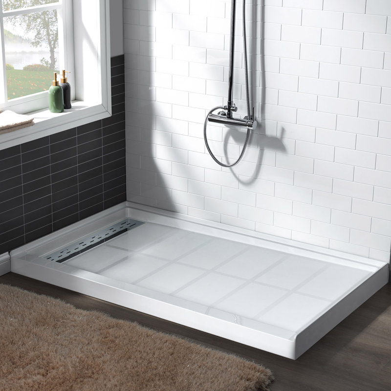 48" W x 36" Solid Surface Single Threshold Shower Pan Base with Drain Assembly & Drain Cover Included, Non-Slip, Left