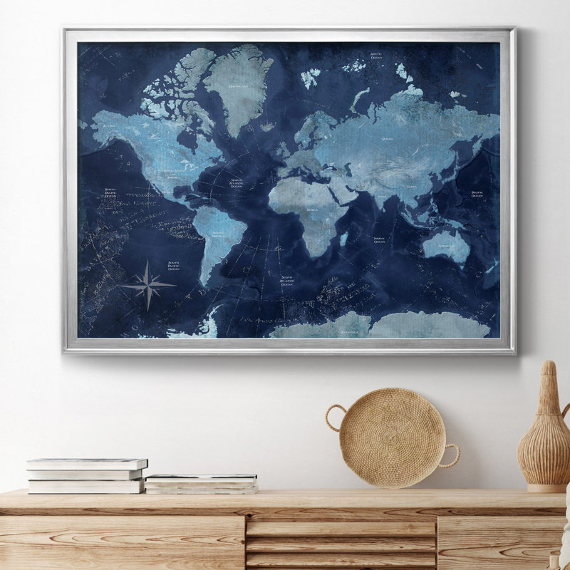 Carte du monde - impression encadrée, H 18,5 po x l 24,5 po x P 1,5 po, Toile avec cadre argenté, Pas de tapis