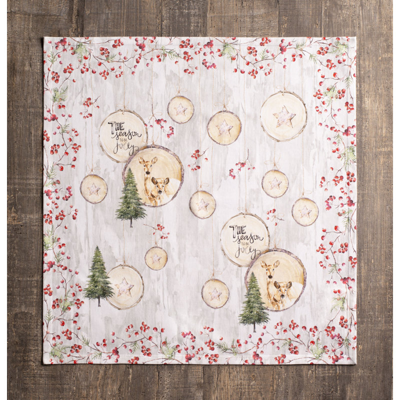 Festive Reindeer and Berries Cotton Square Napkins Set of 4