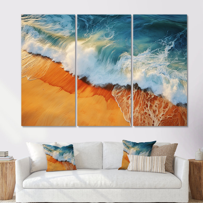 Bleu et orange, vue aérienne rétro de plage II - art mural plage, Toile tendue, H 28 po x l 36 po x P 1 po