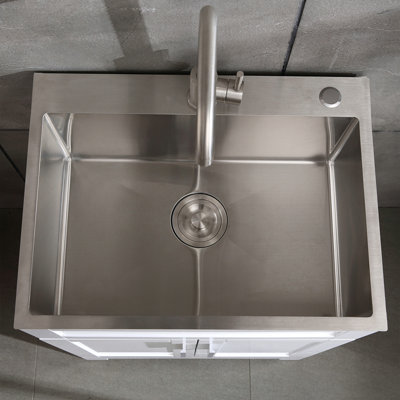 Silver Brushed 24In Stainless Steel Sink With Faucet And Drain Head Only Utility Strong - 12 Gauge