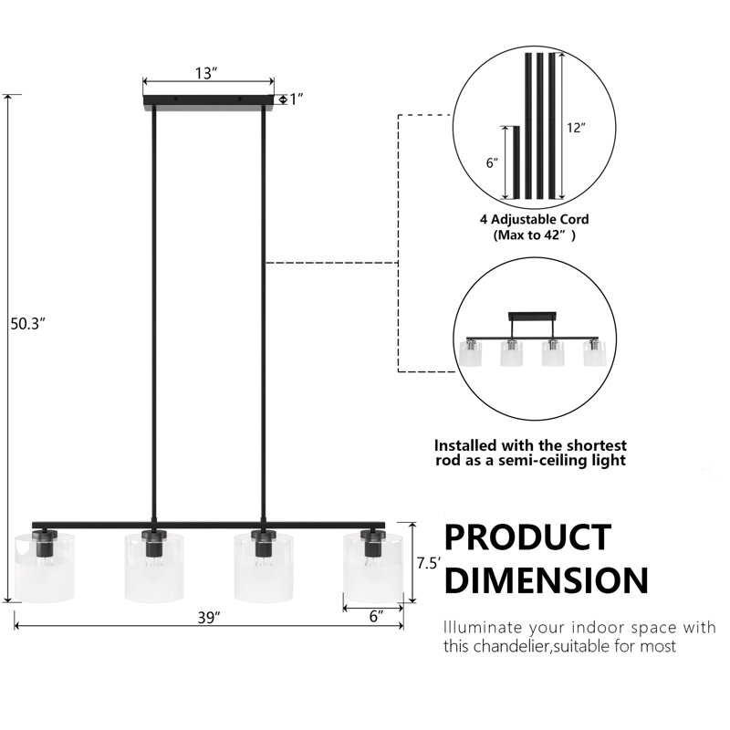 Renley 4-light 39'' Dimmable Modern/traditional Chandelier Pendant For Dining Room.Features Glass shades., Matte Black