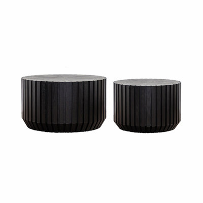Ensemble de 2 tables basses cannelées noires - Tables d'appoint rondes en bois massif et en panneau de fibres à densité moyenne (26,77 po / 19,69 po) pour petits espaces, tables d'appoint de salon / chambre à coucher entièrement assemblées