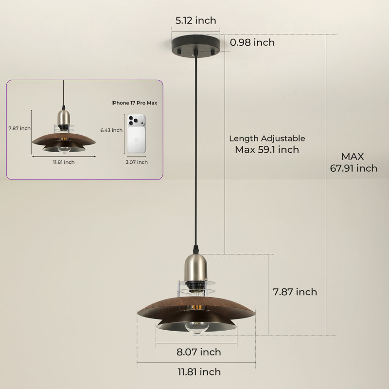 12'' Wide 1 - Light Vintage Metal Pendant Light with Wood-Grain and Silver Layered Shade Design