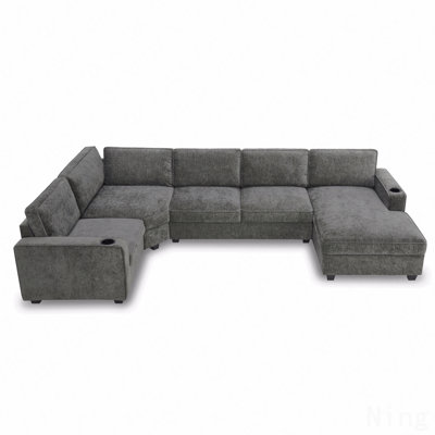 [Video]119" U-Shaped Sectional Sofa, 6 Seat Chenille Corner Couch Set With Cup Holders, Oversized Chaise Lounge, Irregular Corner, Deep And Wide Seat, Comfy Sofa For Living Room&Apartment, 2 Colors