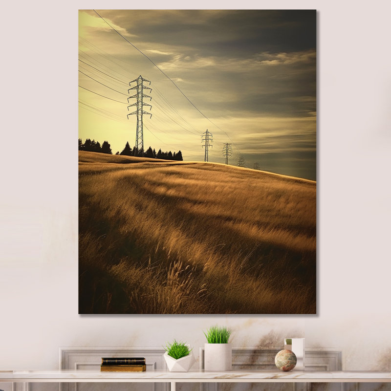 Lignes électriques, minimalisme, coucher de soleil, Toile tendue, H 44 po x l 34 po x P 1,5 po